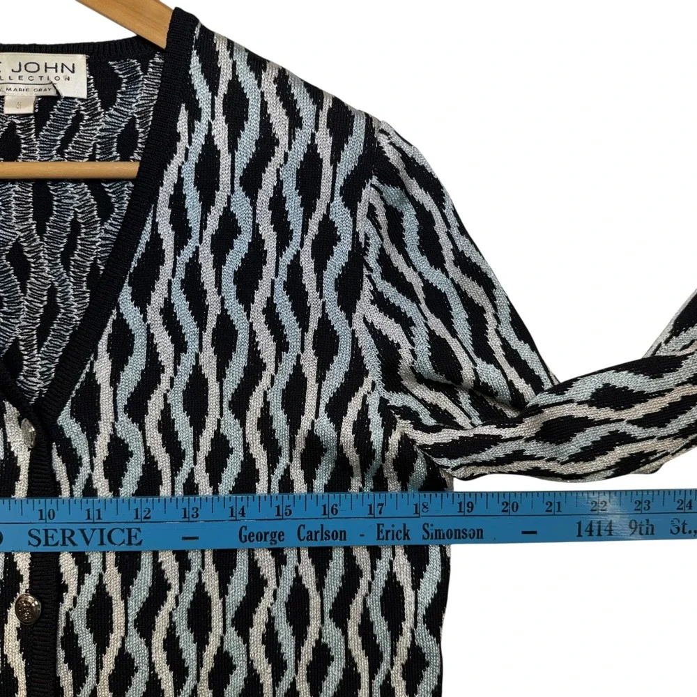 St John‎ Knit Cardigan Sweater Blue Black Geometric Old Money Vintage Size 6